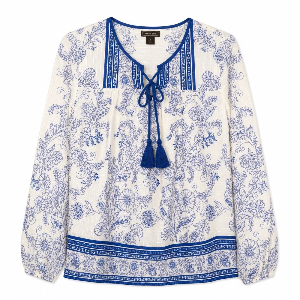 Point Sur Madewell Boho Floral Tassel Top Ivory Blue Medium‎
